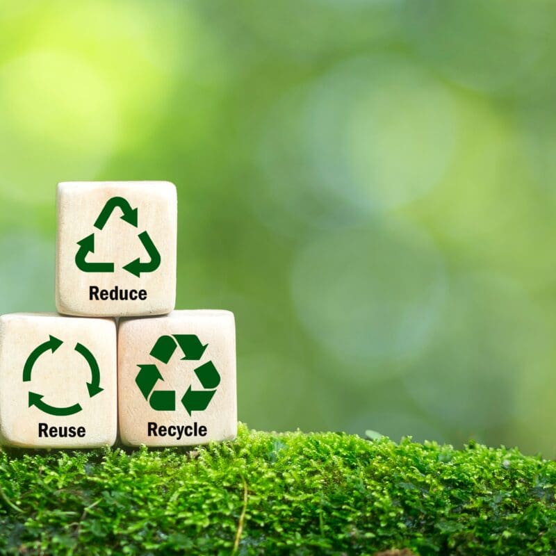 Sustainable Baker - Wooden blocks with reduce, reuse, and recycle symbols on moss with a blurred green background.