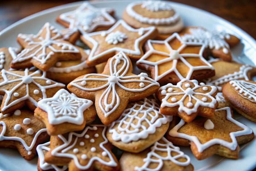 A selection of different sized iced christmas cookied