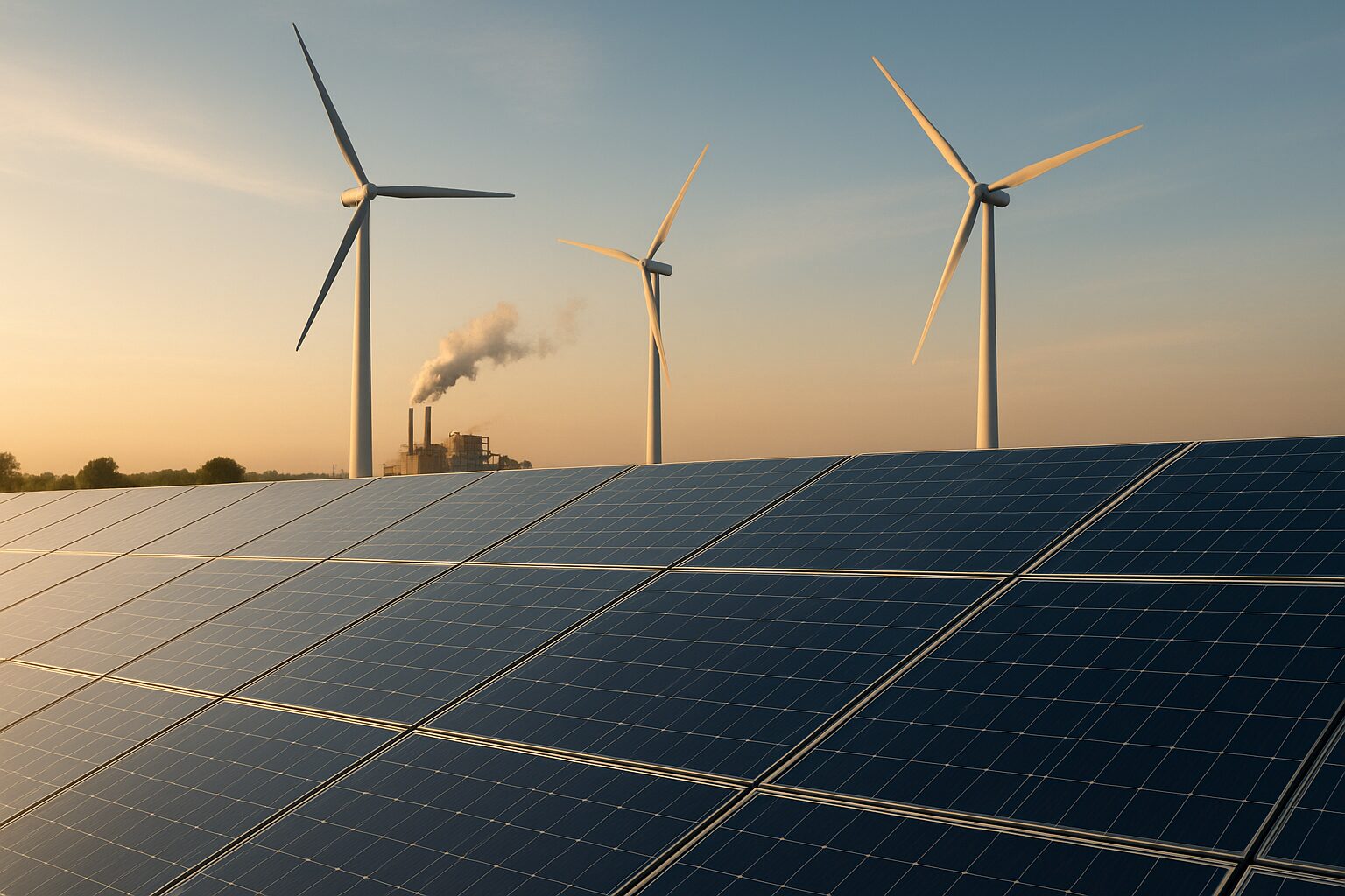 Rows of solar panels with wind turbines turning at sunset against an industrial backdrop.