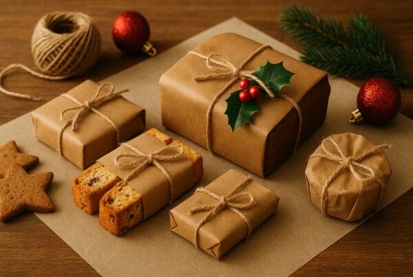 Festive Christmas kitchen scene with baked goods wrapped in brown paper and twine, decorated with holly.