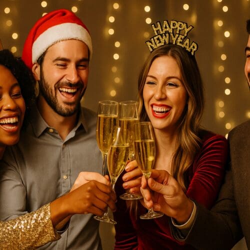 Four people dressed in festive clothing raise champagne glasses together while laughing, with warm fairy lights glowing in the background.