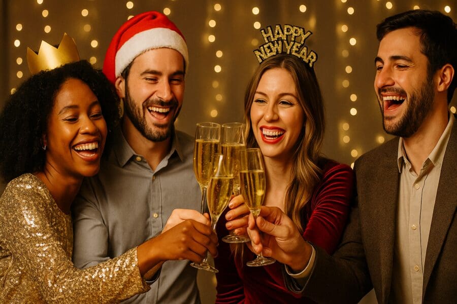 Four people dressed in festive clothing raise champagne glasses together while laughing, with warm fairy lights glowing in the background.