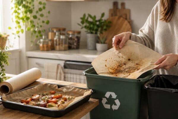 Person placing used baking paper into a recycling bin in a modern kitchen beside a tray of roasted vegetables and a roll of baking paper.