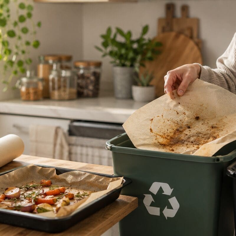 Person placing used baking paper into a recycling bin in a modern kitchen.