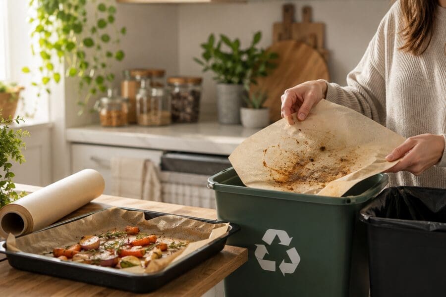 Person placing used baking paper into a recycling bin in a modern kitchen.
