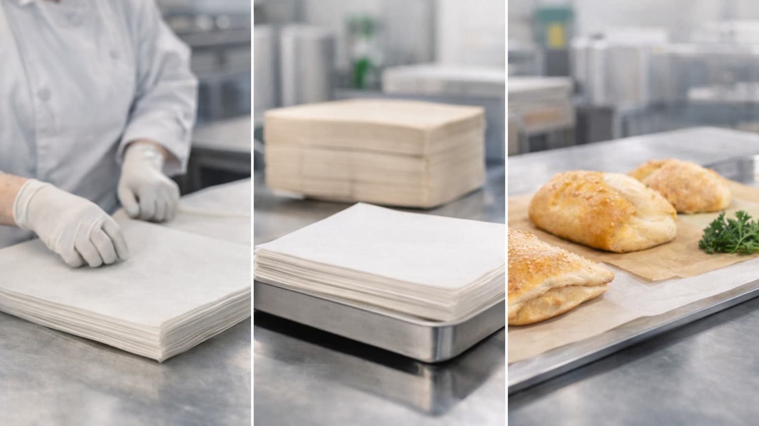 Food Contact Paper Solutions - Food-contact paper sheets being handled and used beneath freshly baked bread in a commercial food production kitchen.