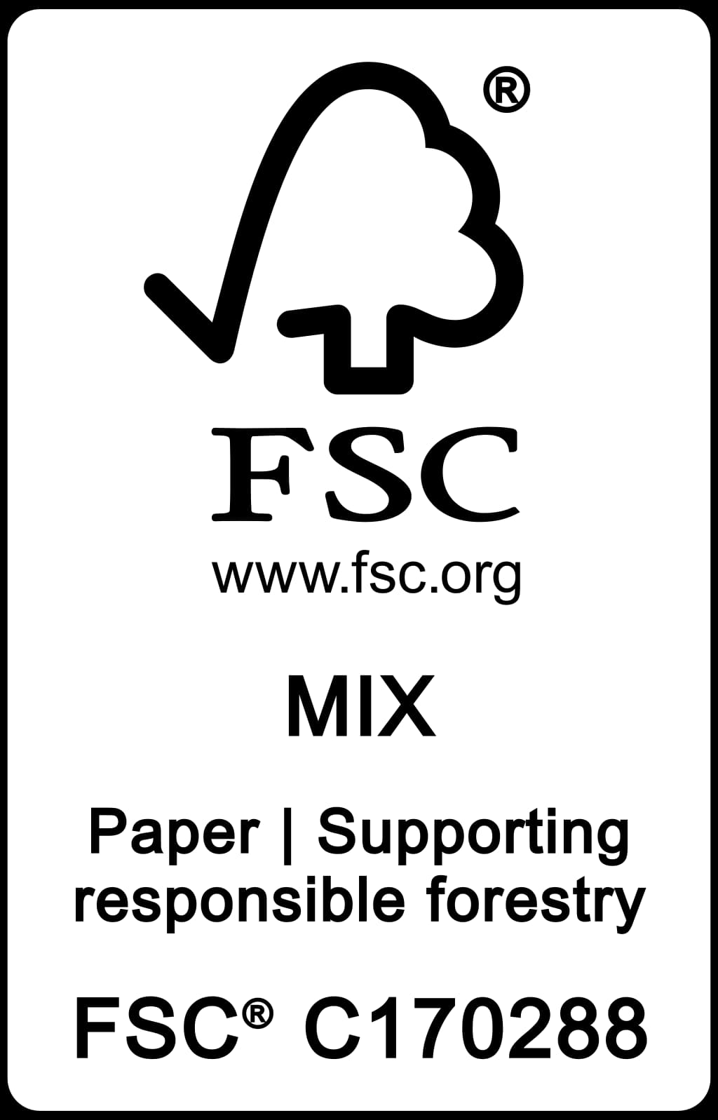 FSC MIX certification label for FSC C170288, confirming paper supporting responsible forestry.